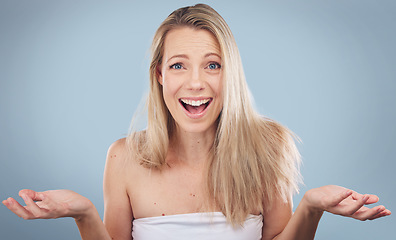 Image showing Face, hair care and confused woman with product placement, mockup or advertising space in studio isolated on gray background. Beauty, portrait and female model with salon treatment, doubt or question