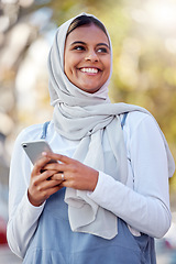 Image showing Hijab, phone and thinking of a girl teenager happy outdoor with mobile connection and networking. Islam, muslim and young person ready for social media network scroll with technology and happiness