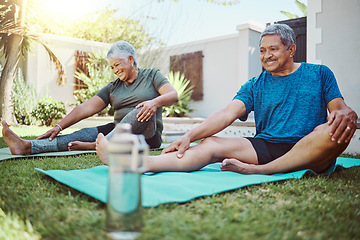 Image showing Yoga, stretching and senior couple exercise, wellness and fitness workout for lose weight or retirement health. Backyard, garden and happy, elderly people or friends with pilates or outdoor training