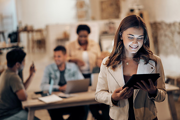 Image showing Night, woman and leader with tablet, staff and modern office for data analysis, connection and digital planning. Dark, female employee and manager with device, smile and search internet for research