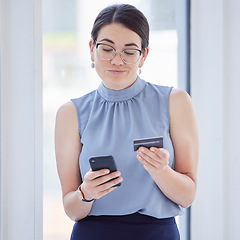 Image showing Business woman doubt with credit card, thinking about ecommerce choice with online shopping and bank app..Question internet banking decision, tech and corporate account for financial service