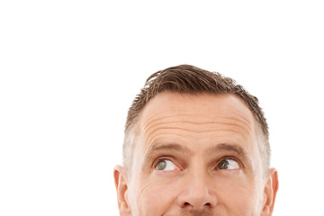 Image showing Closeup, man looking up and mockup for product placement, space and isolated on white studio background. Zoom, male or gentleman with focus, thinking or ideas for advertising campaign or sales growth