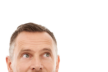 Image showing Face, thinking and mockup space for idea, advertising or promotion isolated on a white background. Person looking up at copyspace for logo, brand or sale with barber haircut, eyes and studio headshot