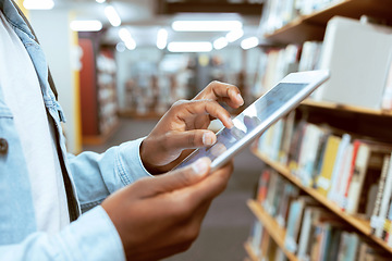 Image showing Student hands, tablet zoom and library research of a black man at an education and knowledge center. University, college and study building with a person with technology looking at social media app