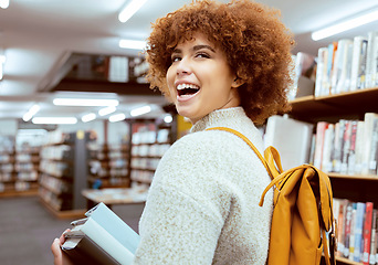 Image showing Books, education or black woman in library walking or reading for knowledge or development for growth. Scholarship, funny or happy school student smiles studying or learning college information