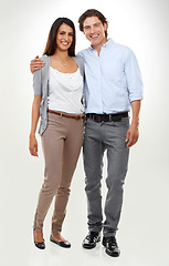 Image showing Couple, woman and man portrait in a studio isolated with a happy smile and hug together. Calm, happiness and love of a male and female model with white background and romance for valentines day