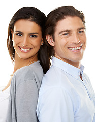 Image showing Happy couple, portrait smile and back together in relationship isolated against a white studio background. Woman and man face smiling in happiness and touching backs in romance, bonding or commitment