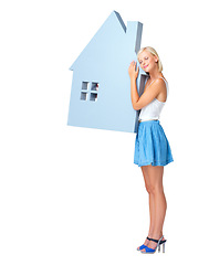 Image showing Real estate, house icon and woman on a white background for property management, mortgage and loan. Financial investment, realtor and isolated girl hug 3d home for residence, apartment and rent