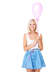 Image showing Woman, balloon and portrait of a model with mockup, white background and studio space. Birthday, party or valentines day balloons with happy young person with mock up with a smile ready to celebrate