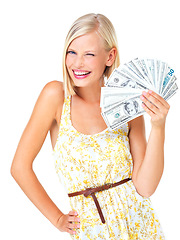 Image showing Mockup, portrait and woman with cash, wink and happiness for savings, wealth and financial success with girl isolated on white studio background. Female, lady and money fan for investing and profit