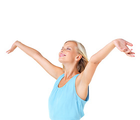 Image showing Young woman, open arms and freedom with happiness, relax and carefree with girl isolated on white studio background. Female, lady and gesture for motivation, vision and excited with smile on backdrop