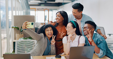 Image showing Business people, phone and selfie in office by team happy, relax and smile while bonding and having fun. Work, friends and smartphone for photo with group with diversity, pose and embrace for picture