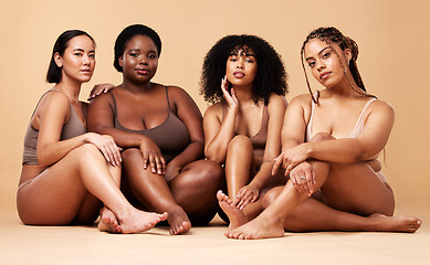 Image showing Body, diversity and portrait of natural women group together for inclusion, beauty and power. Aesthetic model people or friends on beige background with skin glow, pride and motivation for self love