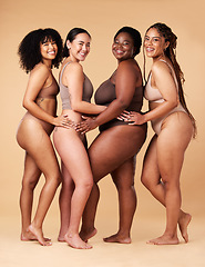 Image showing Body, skin and diversity women portrait in studio for inclusion, beauty and power. Underwear model or friends group on beige background with cellulite, pride and motivation for self love it skincare