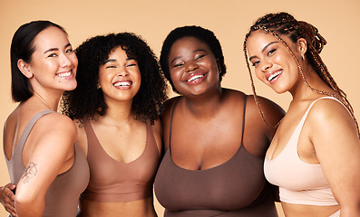 Image showing Friends, diversity and beauty of women in underwear in studio isolated on a brown background. Portrait, lingerie and self love of body positive happy girls with makeup, cosmetics and healthy skincare