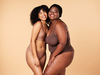 Image showing Body positivity, underwear and black women isolated on studio background in skincare, cosmetics and mockup space. Lingerie, hug and diversity people, friends or international model inclusion portrait