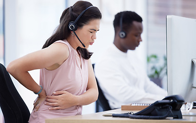 Image showing Sick, digestion and call center agent with stomach pain, health problem and constipation at work. Telemarketing, painful and woman working in customer service with uncomfortable abdomen cramps