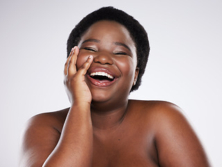 Image showing Beauty, skincare and portrait of black woman with smile for wellness, dermatology and luxury cosmetics in studio. Spa, aesthetic and face of plus size girl with glowing skin, self love and makeup