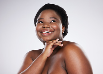 Image showing Beauty, smile and face of black woman for wellness, skincare and luxury cosmetics in white studio. Spa aesthetic, dermatology and happy female plus size model with glowing skin, self love and makeup