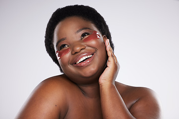 Image showing Black woman, face and smile with eye patch for skincare, healthy skin and glow isolated on studio background. Happiness, shine and natural cosmetics, dermatology and facial care with beauty mockup