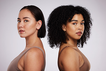 Image showing Women, face and diversity with portrait, facial and skincare for different skin color and beauty isolated on studio background. Natural cosmetics, glow and dermatology, inclusion and cometic care