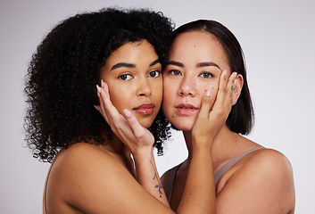 Image showing Beauty, facial and portrait of women for skincare, spa wellness and dermatology in white studio. Diversity, self care and face of Asian and black girl for luxury cosmetics, makeup and natural glow