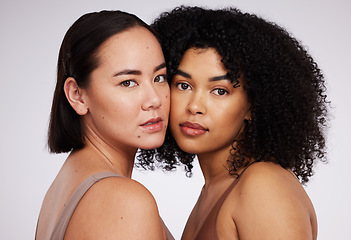 Image showing Women, face and diversity with portrait, skin color and skincare inclusion with beauty isolated on studio background. Natural cosmetics, glow and dermatology, unique cosmetic and facial care