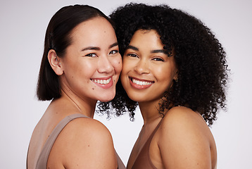 Image showing Diversity, beauty and portrait of women for skincare, wellness and body positivity in studio. Dermatology, self love and face of Asian and black girl for luxury cosmetics, makeup and natural glow