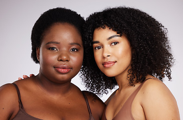 Image showing Beauty, skincare and portrait of African women for wellness, facial treatment and dermatology in studio. Spa aesthetic, self love and face of girl models for luxury cosmetics, makeup and natural glow