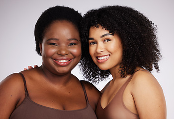 Image showing Beauty, wellness and portrait of African women for skincare, dermatology and body positive in studio. Spa aesthetic, self love and face of happy girls for luxury cosmetics, makeup and natural glow