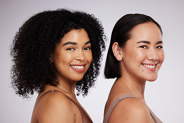 Image showing Happy, women and face, diversity and portrait, skincare for different skin color and unique with beauty isolated on studio background. Natural cosmetics, glow and dermatology, inclusion and facial
