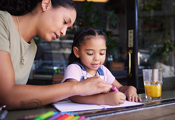 Image showing Coffee shop, black family and art with a woman and daughter using crayons to color a book in a cafe together. Juice, coloring and creative with a mother and happy female child bonding in a restaurant