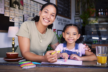 Image showing Coffee shop, black family and portrait with a mother and daughter coloring a book at a cafe window together. Face, art and children with a woman and happy female kid bonding in a restaurant
