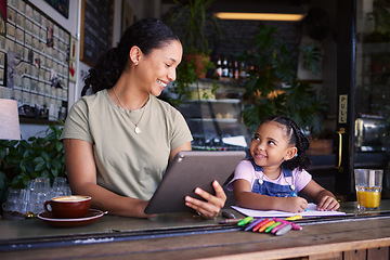 Image showing Black family, children and remote work in a coffee shop with a mother and daughter sitting together by a window. Kids, tablet and freelance business with a woman and female child bonding at a cafe