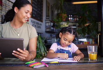 Image showing Coffee shop, family and child with a black woman doing remote work and her daughter coloring a book in a cafe. Tablet, freelance and art with a mother and happy female kid bonding in a restaurant