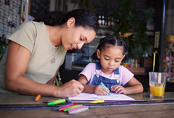 Image showing Coffee shop, family and art with a black woman and daughter coloring a book at a cafe window together. Juice, creative and love with a young mother and happy female child bonding in a restaurant