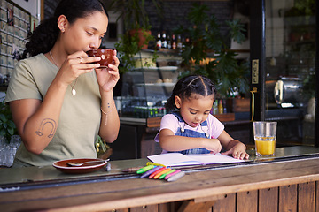 Image showing Coffee shop, black family and art with a mother and daughter coloring in a book at a cafe together. Color, caffeine and crayons with a woman and happy female child bonding in a restaurant