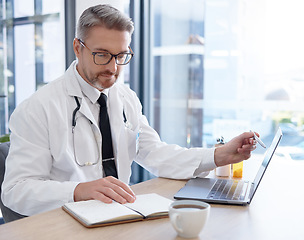 Image showing Healthcare, laptop and doctor with medicine research, telehealth services planning or hospital data management. Schedule, planner notebook and medical professional or person pharmaceutical strategy