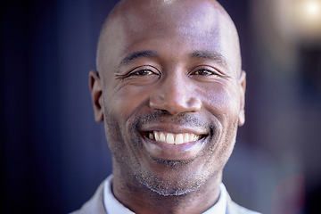 Image showing Happy, smile and portrait of a African businessman with a positive, good and healthy mindset. Happiness, headshot and closeup face of a excited professional person smiling for good news in studio