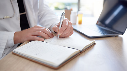 Image showing Healthcare, writing and doctor hands for medicine research, telehealth services planning or hospital data management. Schedule, planner and notebook of medical professional or person for career goals