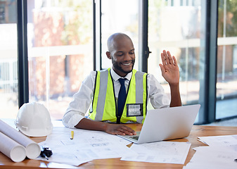 Image showing Architect man, video call and laptop with office internet for planning design or networking. Construction, architecture or engineering person blueprint plan and hand for investor proposal hello