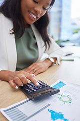 Image showing Finance woman, accountant and calculator for documents with financial report. Employee person doing business tax audit, budget or profit analysis of data or revenue on paper while happy about growth