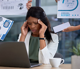 Image showing Stress, anxiety and financial report with woman, leader or manager and hands of staff at laptop. Mental health, headache and burnout of black person accountant time management problem for tax audit