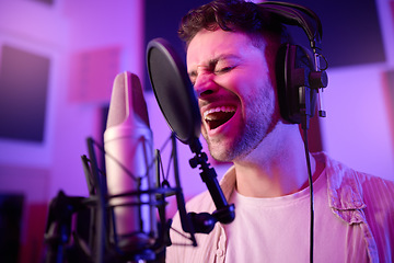 Image showing Musician, singing or man on neon microphone, music studio equipment or practice in theatre night recording. Singer, person or artist on production, voice media or sound performance in light theater