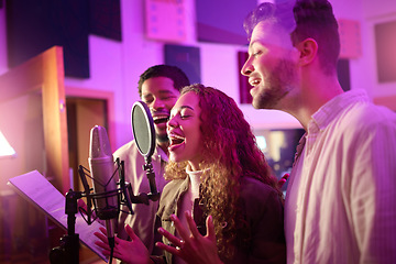 Image showing Woman, face or singing group on neon studio microphone in backup singers album, song lyrics or radio recording. Artist, musician or friends in production sound, voice media or light label performance