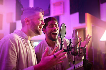 Image showing Men, face or singing on neon studio microphone for album, song or radio recording in night practice. Singer artist, musician or friends in production sound, voice media or light label collaboration