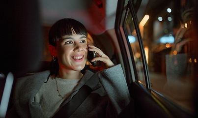 Image showing Travel, phone call and business woman in car chatting, talking or speaking to contact. Transport, night and happy female professional with mobile smartphone for networking, discussion or conversation