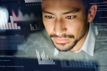 Image showing Business man, dashboard and stock market overlay for trading, investment and stocks. Face, future analytics or male with digital ui, ai or ux for financial app or software for profit growth at night.