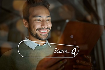 Image showing Digital marketing, overlay or man networking to search for content on internet, website or online in office. Night, tablet or happy worker with smile researching SEO information or tech data on iot