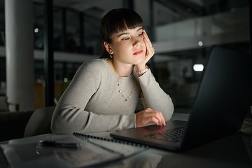 Image showing Depression, bored or woman typing on laptop for online report, research or business proposal in an office. Burnout, lazy or tired worker reading sad news online, email or scrolling on social media